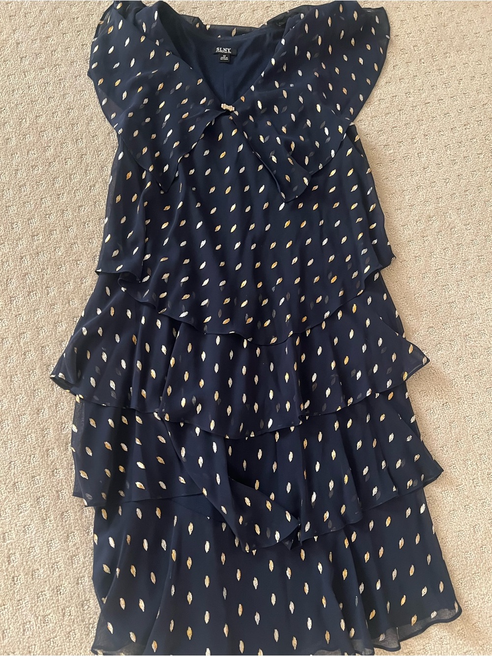 SLNY Navy Blue Tiered Dress with Gold Dot Accent